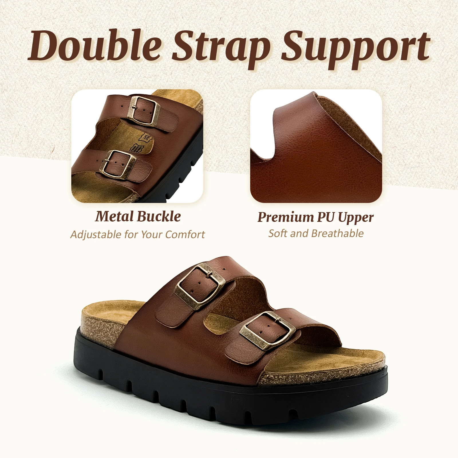 Unisex Platform Slide Sandals Arch Support Cork Latex Memory Foam Footbed Double Buckles Non-Slip Summer Slides for Women Men