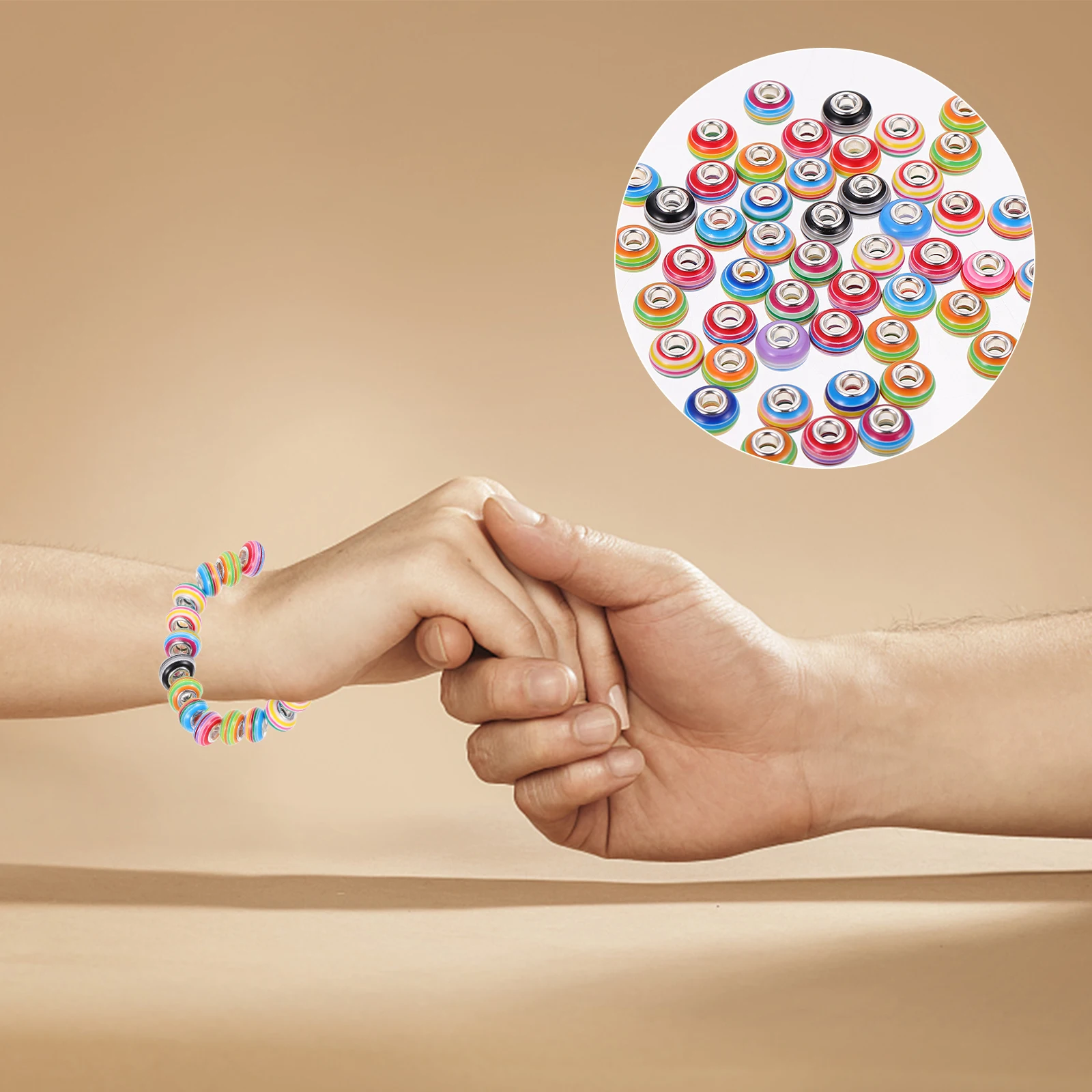 

50pcs Large Hole Rainbow Stripe Resin Beads Durable Alloy Diy Jewelry Bracelet Key Ring Accessories Beading Kits For Craft Art