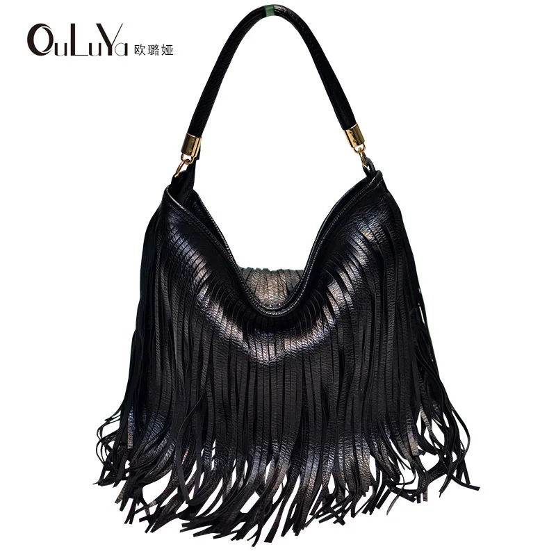

European and American Soft Leather Double-Sided Tassel Handbag Trendy Women's Shoulder Crossbody Tote Bag