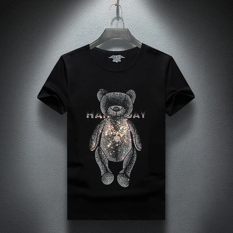 

Plus Size 2025 Rhinestones Bear Mens T Shirts Fashion Streetwear O Neck Short Sleeve Thin Modal Cotton Casual T-shirt for Men