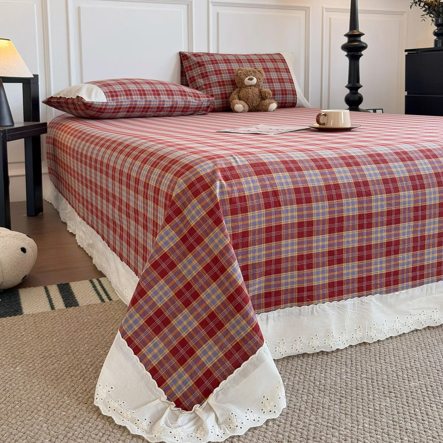100%Cotton Flat Sheets Checkerboard Printed Top Sheets for Bed with Lace Queen/King Skin-friendly Bed Cover colcha de cama casal