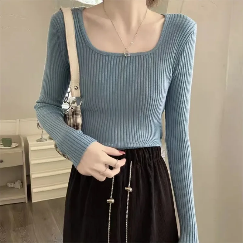 Fashion women's sweater U-neck long sleeve slim solid color knitted elastic sweater 2023 fall new trend