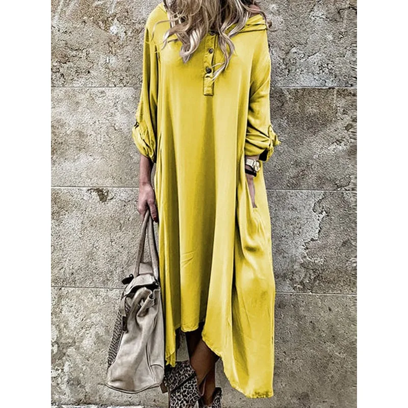 T (22) Abiti da donna irregolari stile bohemien 2025 Abito camicia pigro di grandi dimensioni con cappuccio tinta unita taglie forti 74834