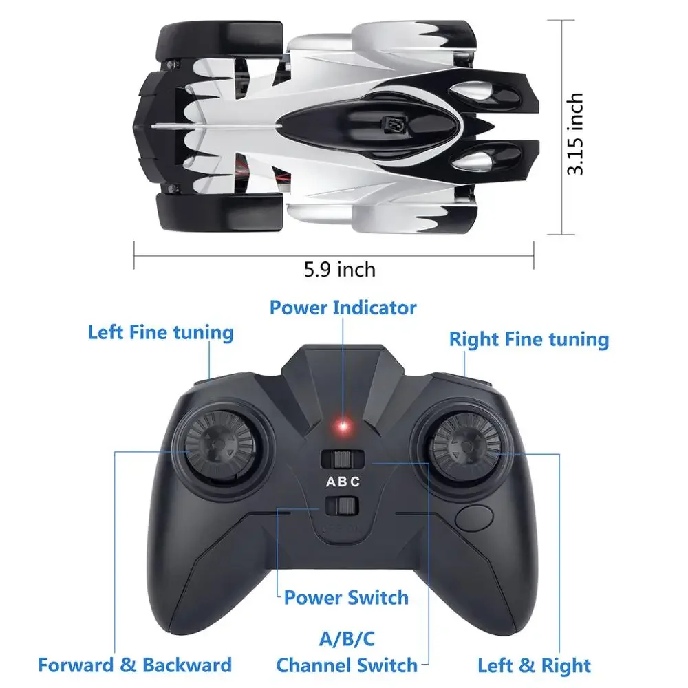 سيارة RC تسلق الجدار حيلة سيارات مع LED التحكم عن بعد سباق السيارات المضادة للجاذبية السقف 360 °   ألعاب السيارات الإلكترونية الدوارة