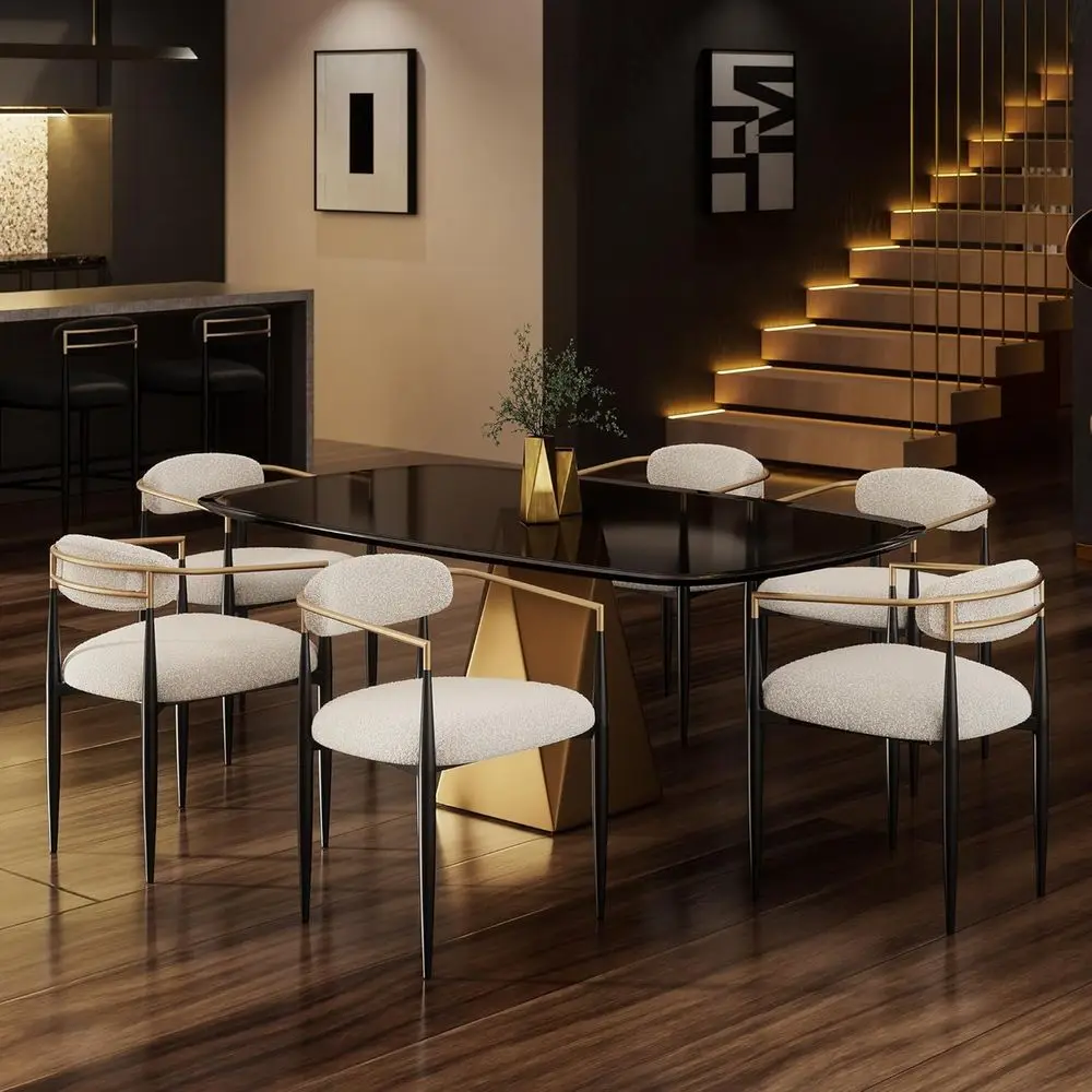 

Cream Boucle Upholstered Dining Chairs Set of 6 with Cushions and Gold Arms for Kitchen, Living Room