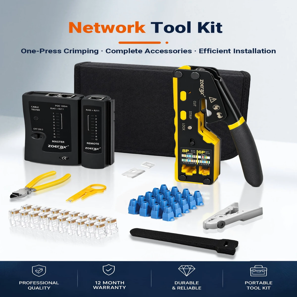 ZoeRax RJ45 Pass Through Crimping Tool Kit CAT6 CAT5e with LAN Cable Tester RJ11 RJ12 Ethernet Network Cable Crimper