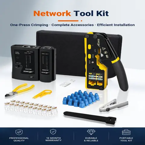 ZoeRax RJ45 Pass Through Crimping Tool Kit CAT6 CAT5e with LAN Cable Tester RJ11 RJ12 Ethernet Network Cable Crimper