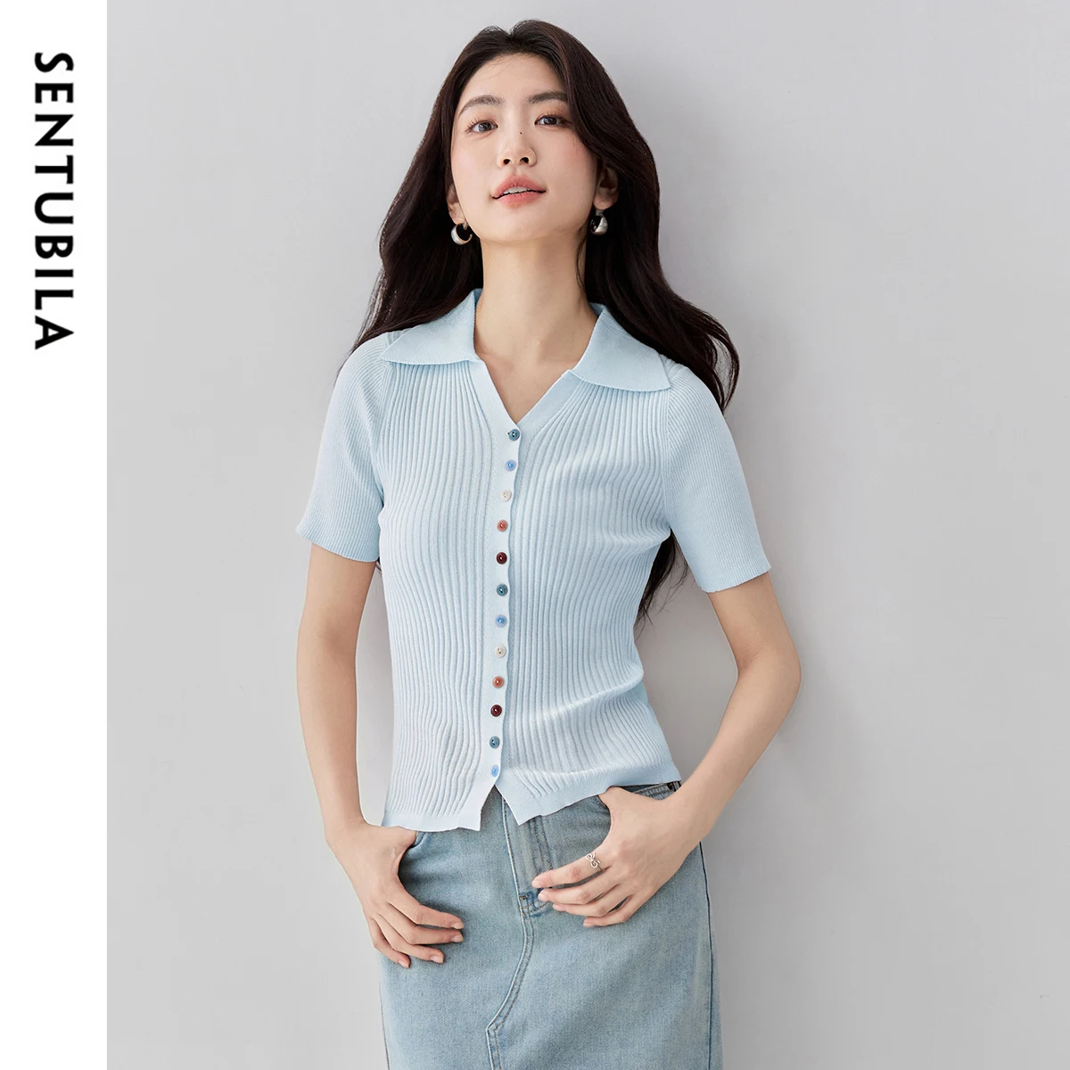 

SENTUBILA Women's Short Sleeve Cardigan Summer 2025 Dopamine Color Polo Neck Knitted Button-Up Sweater Workwear Casual W52HF1836