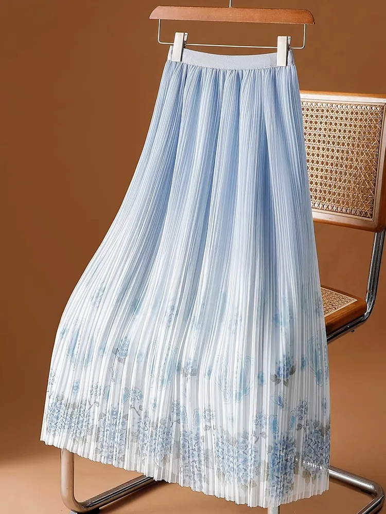 

Sweet Gradient Color Skirt Lace Ice Silk Fragmented Flower Fashion Fine Fold High Waist A-line Skirt 2024 Spring Summer New