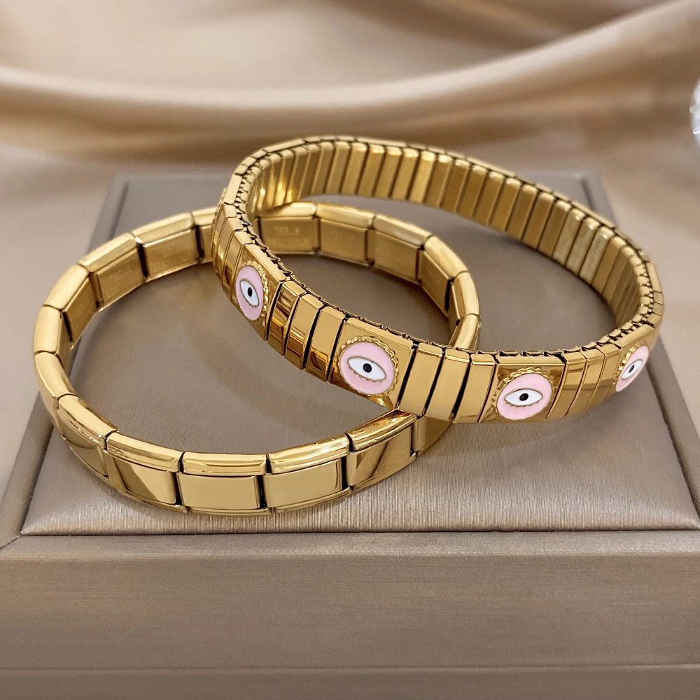 Freetry Minimalist Design Stainless Steel Bracelet Bangle for Women 9mm Width Itanlian Links Elastic Bracelet Waterproof Jewelry