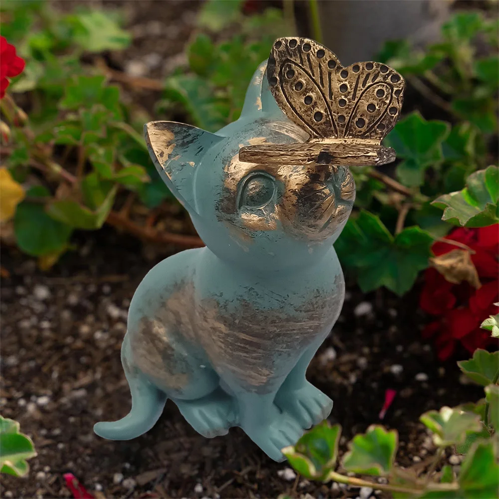 

Resin Garden Animal Figurines Ornament Kitten Statue with Butterfly Handicraft Waterproof Home Decor for Garden Yard