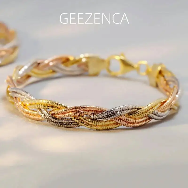 

GEEZENCA, итальянский шикарный браслет из серебра 925 пробы, трехцветный, 6 ниток, плетеный браслет для женщин, ширина 7,5 мм, плоские блестящие роскошные браслеты, подарок 2024