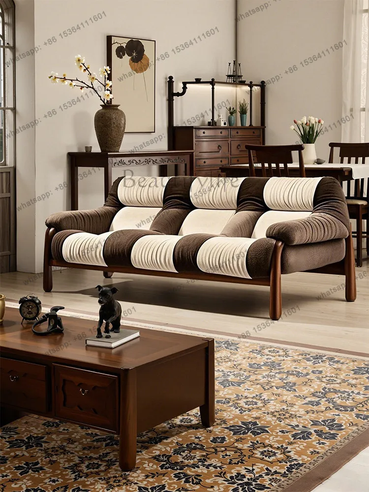 Wabi-sabi wind living room sofa antique fabric three-person straight row solid wood sofa chair