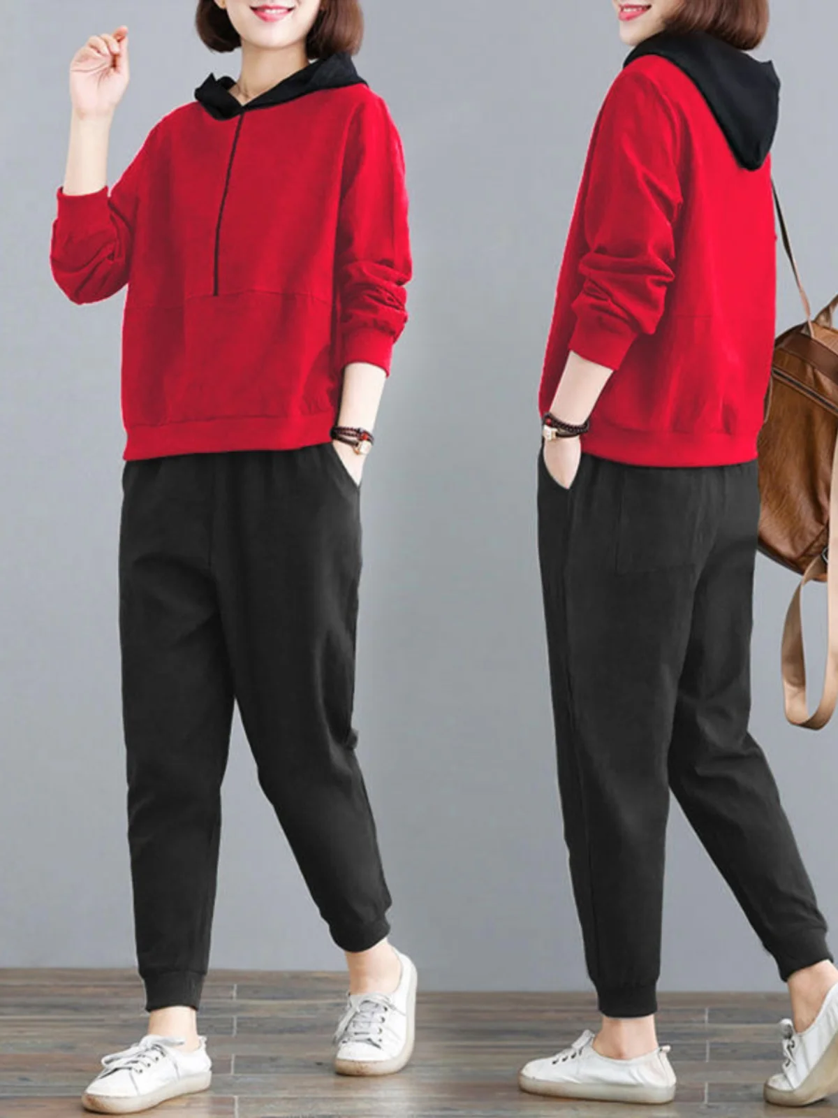 

Casual Sportswear Set for Women Loose Fit Hoodie Slimming Large Size Spring Autumn Running Outfit Two Piece Set Polyester Fiber