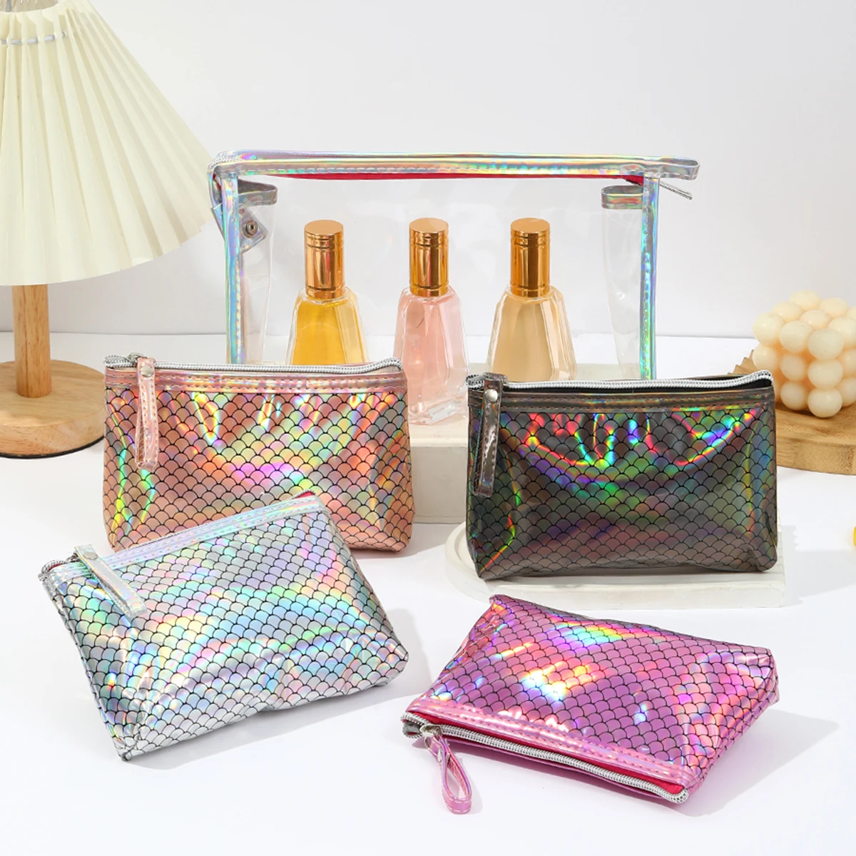 New Two-Piece Waterproof PVC Cosmetic Bag Laser Fish Scale Storage and Grooming Bag Multi Functional Women's Makeup Bag
