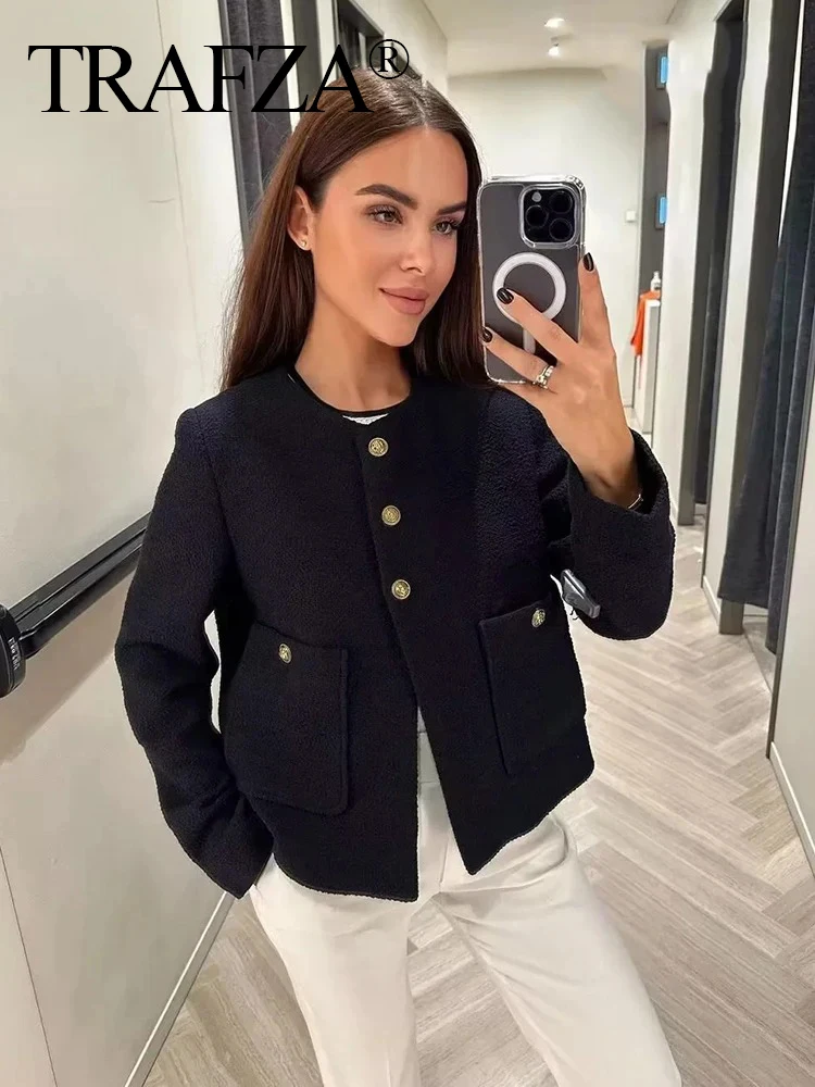 TRAFZA 2024 Women VintageTweed Solid Jacket O Neck Pockets Long Sleeve Buttons Blazer Short Coat Female Texture Crop Top Outwear