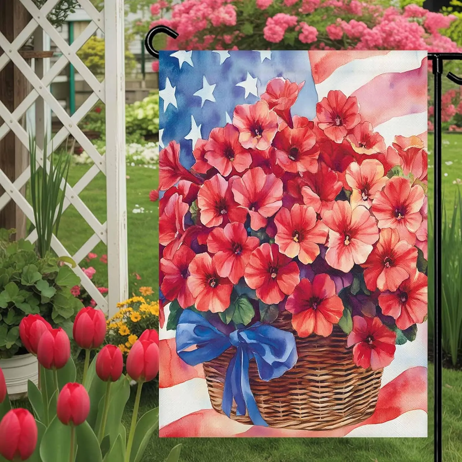 Welcome Garden Flag 4th of July Begonia Flower Double Sided House Flags Yard Decoration, Vintage USA Flag Oil Painting Banne AAS