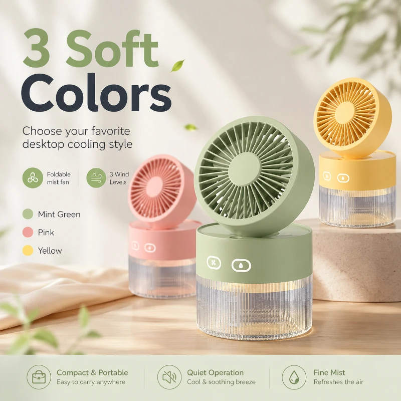 Small Foldable Turbo Mist Fan 3 Adjustable Wind Levels Indoor Desktop Dual‑use Cooling Circulator