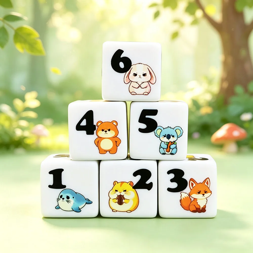 12Pcs 16MM D6 White Acrylic Dice, Cute Cartoon Animals Printed Six Sided Dice, Printing Square Dice For Tabletop Game  Dice Toys