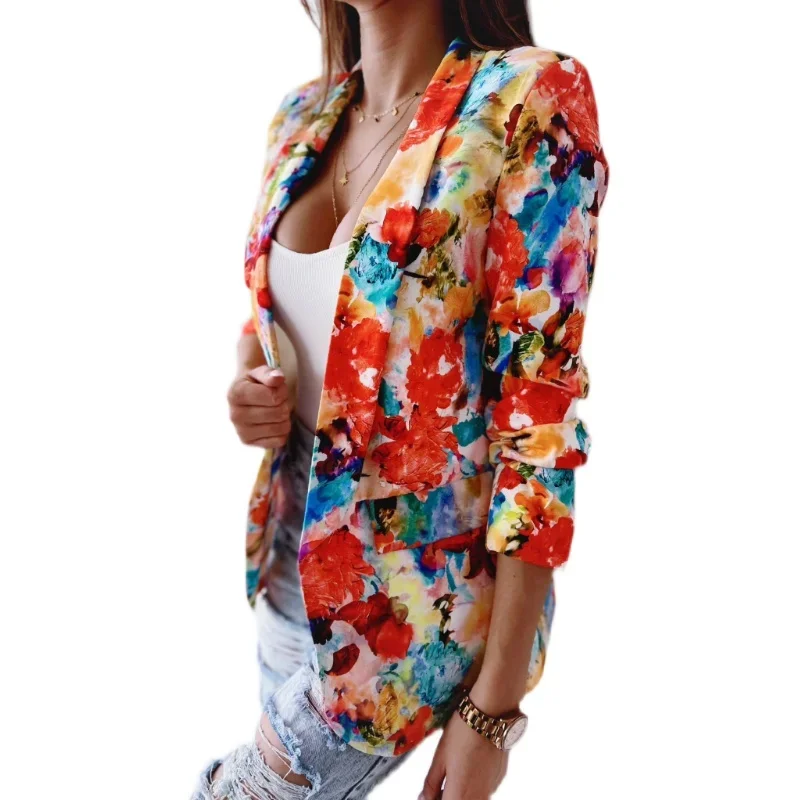 Women\'s Spring and Summer Printed Jacket Long Sleeved Suit Collar Pocket Top Casual Loose Commuting Top Fashionable Jacket