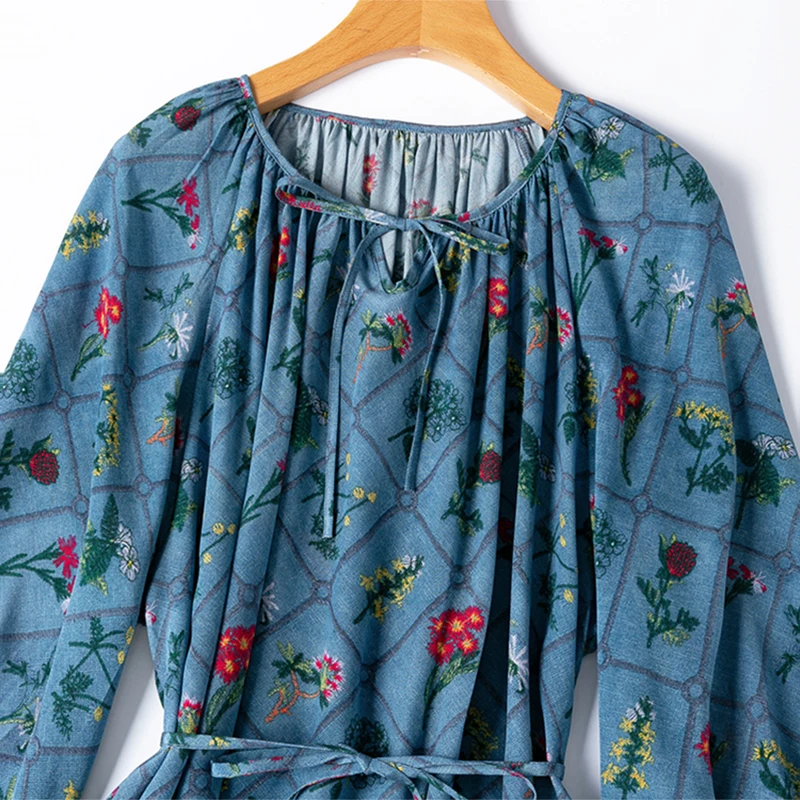 เดรสผ้าไหมมัลเบอร์รี่แท้ 100% สำหรับผู้หญิง สไตล์โบฮีเมียน ลายดอกไม้ พร้อมเข็มขัดรัดเอว คอทรงกลม แขนพอง ทรงยาว รุ่น M1410 สำหรับฤดูร้อน