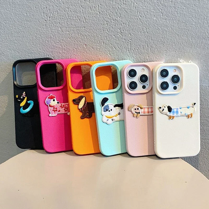 Korean Cartoon 3D Cartoon Embroidery Dog Phone Case For iPhone 16 17 Pro Max 15 14 Plus 13 12 11 Pro 16E 17Air Funny Puppy Cover