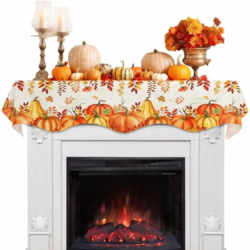VIKAMA Fall Fireplace Mantel Scarf Watercolor Pumpkin Maple Leaf Mantel Cover Autumn Harvest Season Home Fireplace Hanging Decor