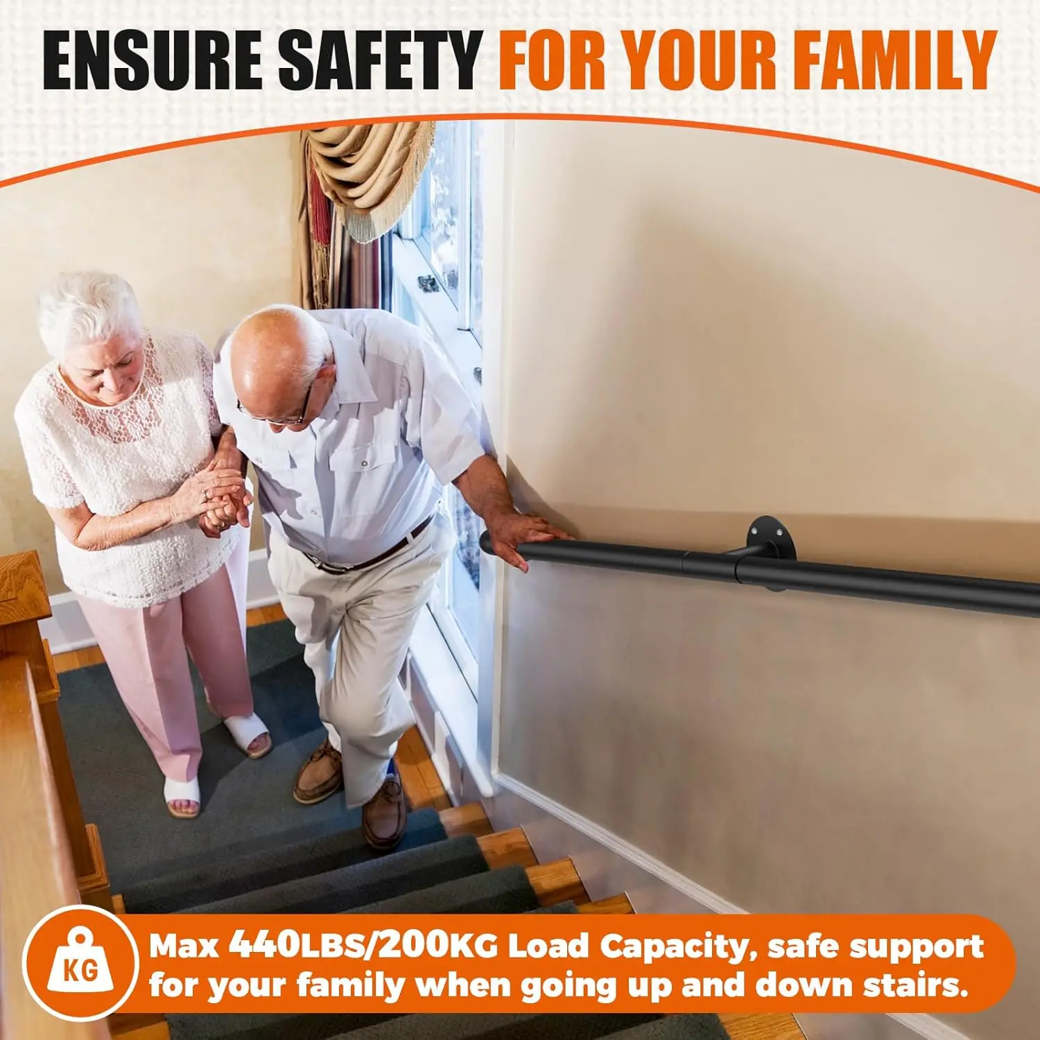 Stair Railing Indoor,6FT Pipe Stair Handrail,440LBS Load Capacity Black Galvanized Iron Hand Rail,Industrial Wall Mounted Metal