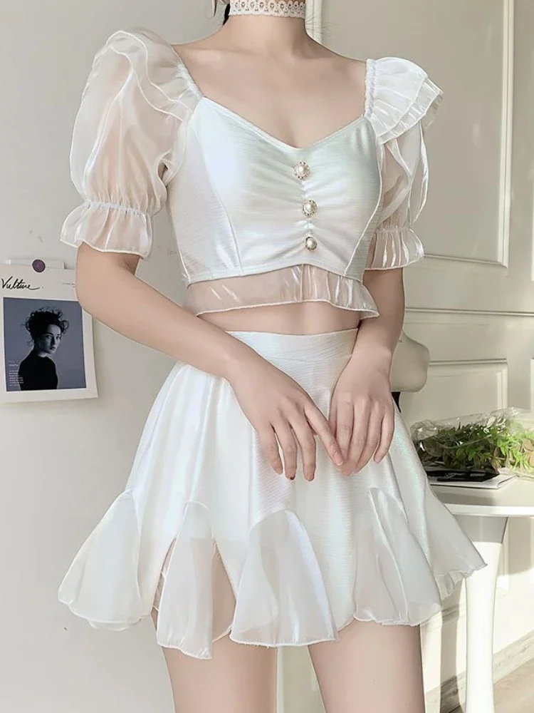 أطقم بيكيني برباط علوي سادة أكمام منتفخة مكشكشة موضة صغيرة على الشاطئ ملابس سباحة للعطلات الصيفية البنت أنيقة #5