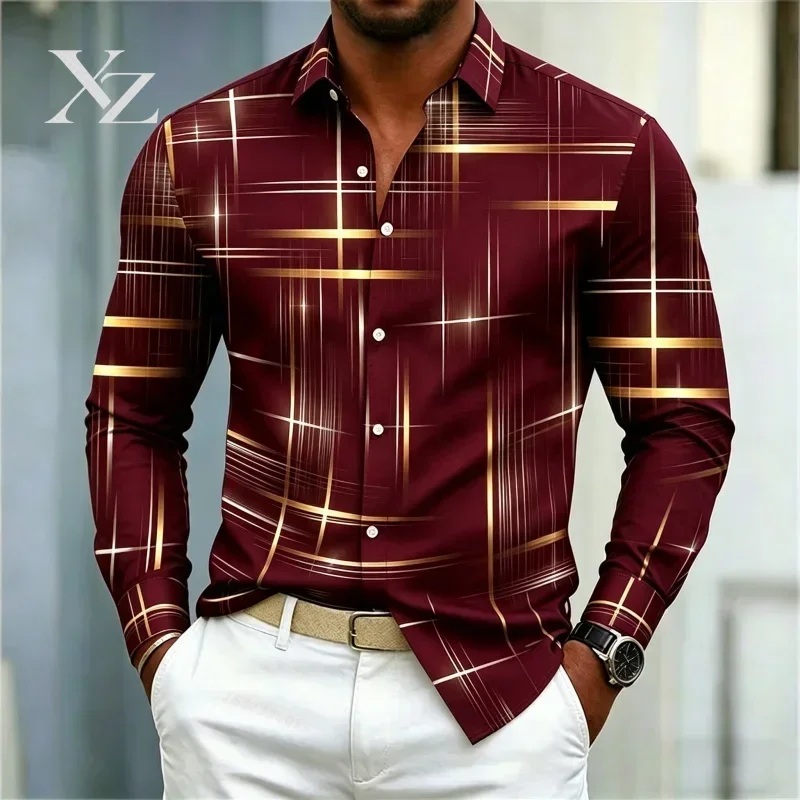Men's 2026 slim fit business casual shirt, long sleeved, lapel, checkered with fashionable printed lines