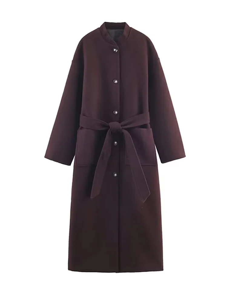 

HH Women’S Autumn And Winter Long Round Neck Single Breasted Straight Into Pocket Belt H Type Woolen Coat Leisure Long Coat