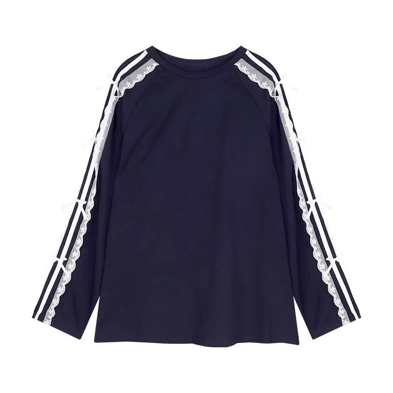 Women's clothing Bow tie Black Long sleeves Loose fit T-shirt Summer Lace Patchwork Mid-length Round neck Versatile sweatshirt