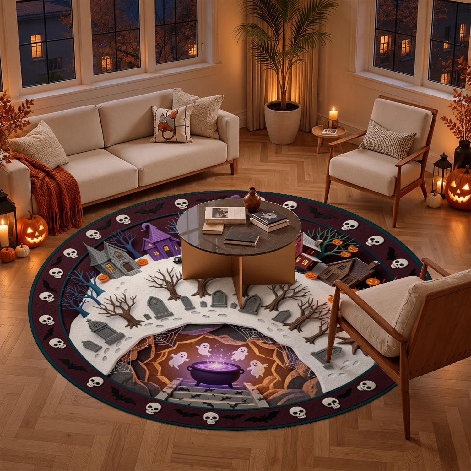 Spooky Haunted Village Ghost Pumpkin Skull Bat Round Velvet Doormat, Machine Washable, Stable Durable Mat for Front Door, Entryway, Porch, Living Room, Festive Decor for Halloween, Thanksgiving, Christmas, New Year