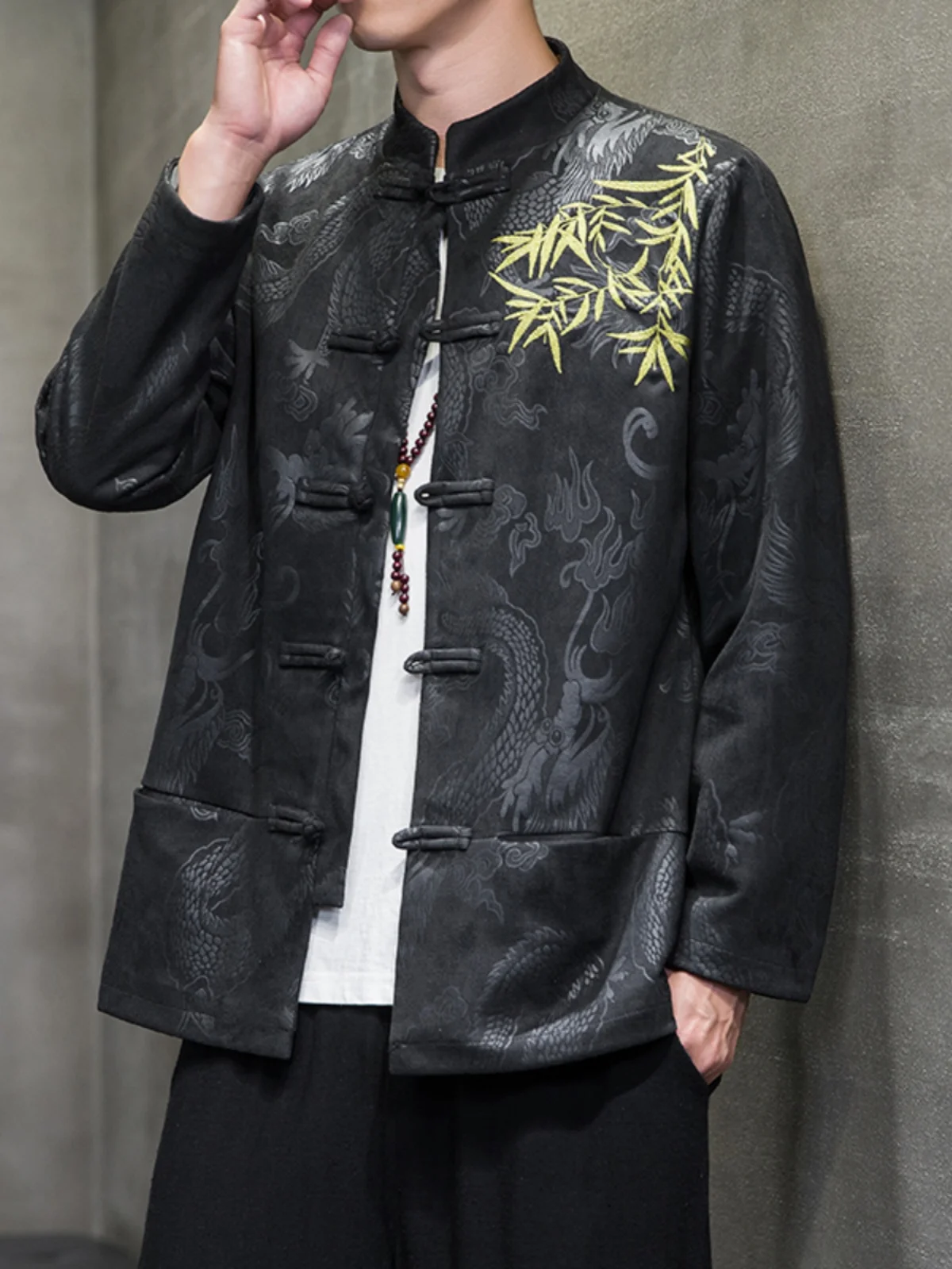 

Ele Men's Embroidered Suede Jaet Chinese Sle New Year's Clothing Buttoned Formal Wear Youth Faion Spring Autumn