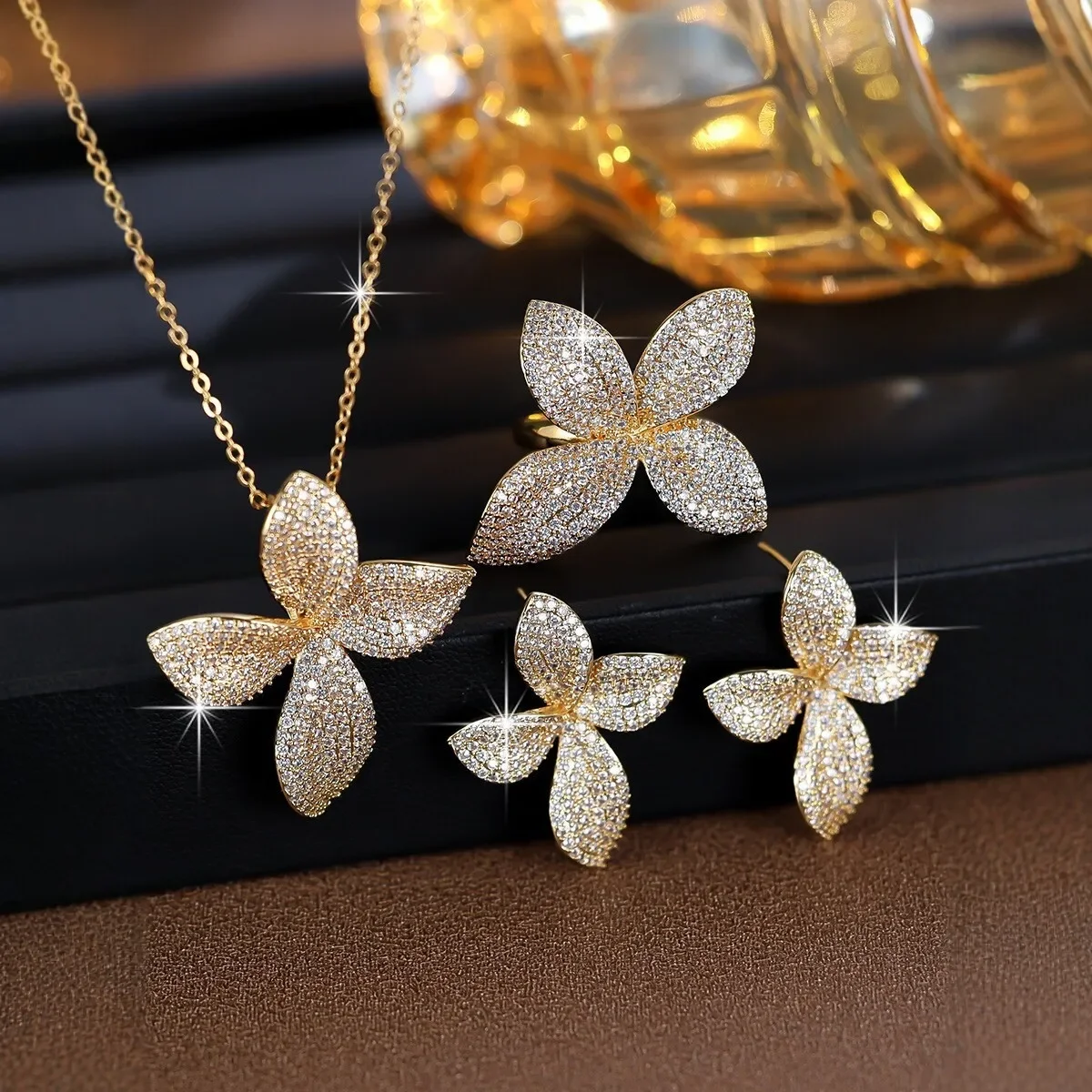 Gold Four Leaf CZ Flower Jewelry Set for Women Sparkly Floral Pendant Necklace Stud Earrings Ring Wedding Daily Party Gift