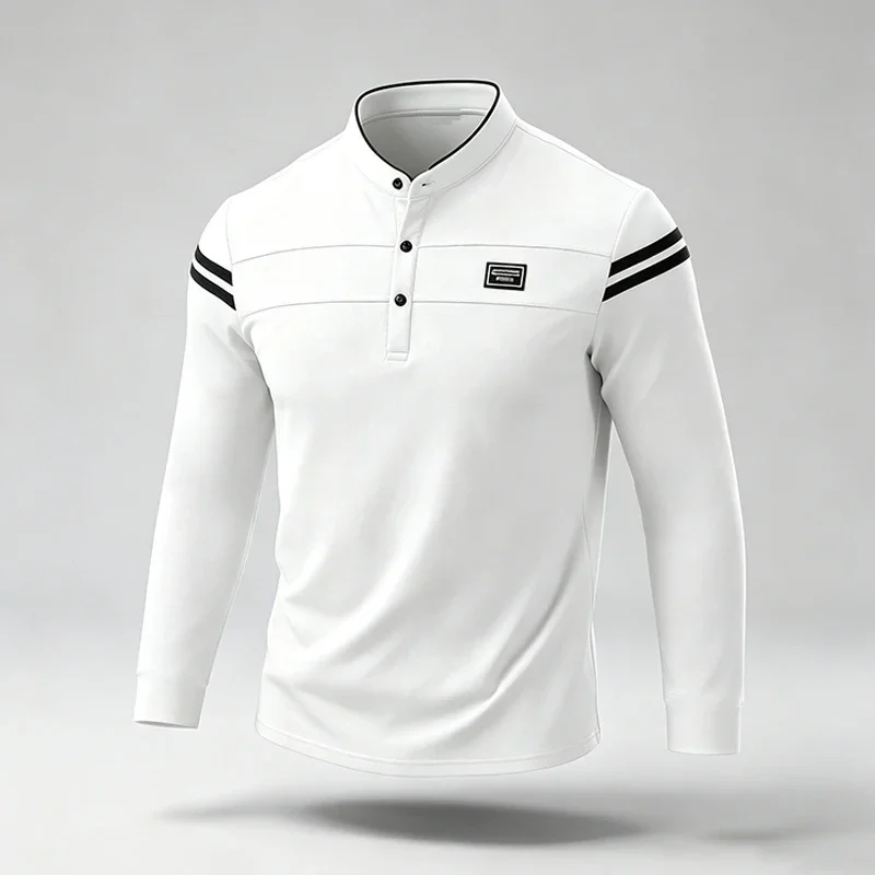 En Stand Collar Long Sleeve Polo Shirt Button Placket Striped Sleeve Decal For Urban Daily Commute Street Casual Outfits