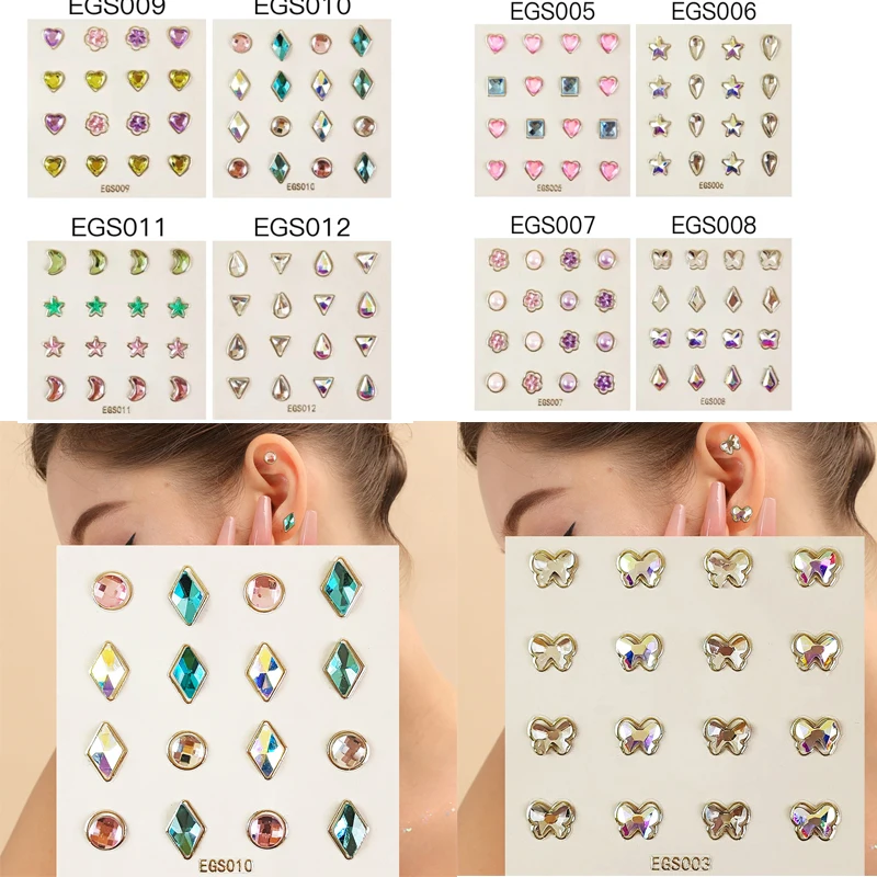 3D Earrings Stickers No Ear Hole Butterfly Flower Rhinestone Diamond Earrings Sticker Children Girls DIY Ear Decoration Gifts