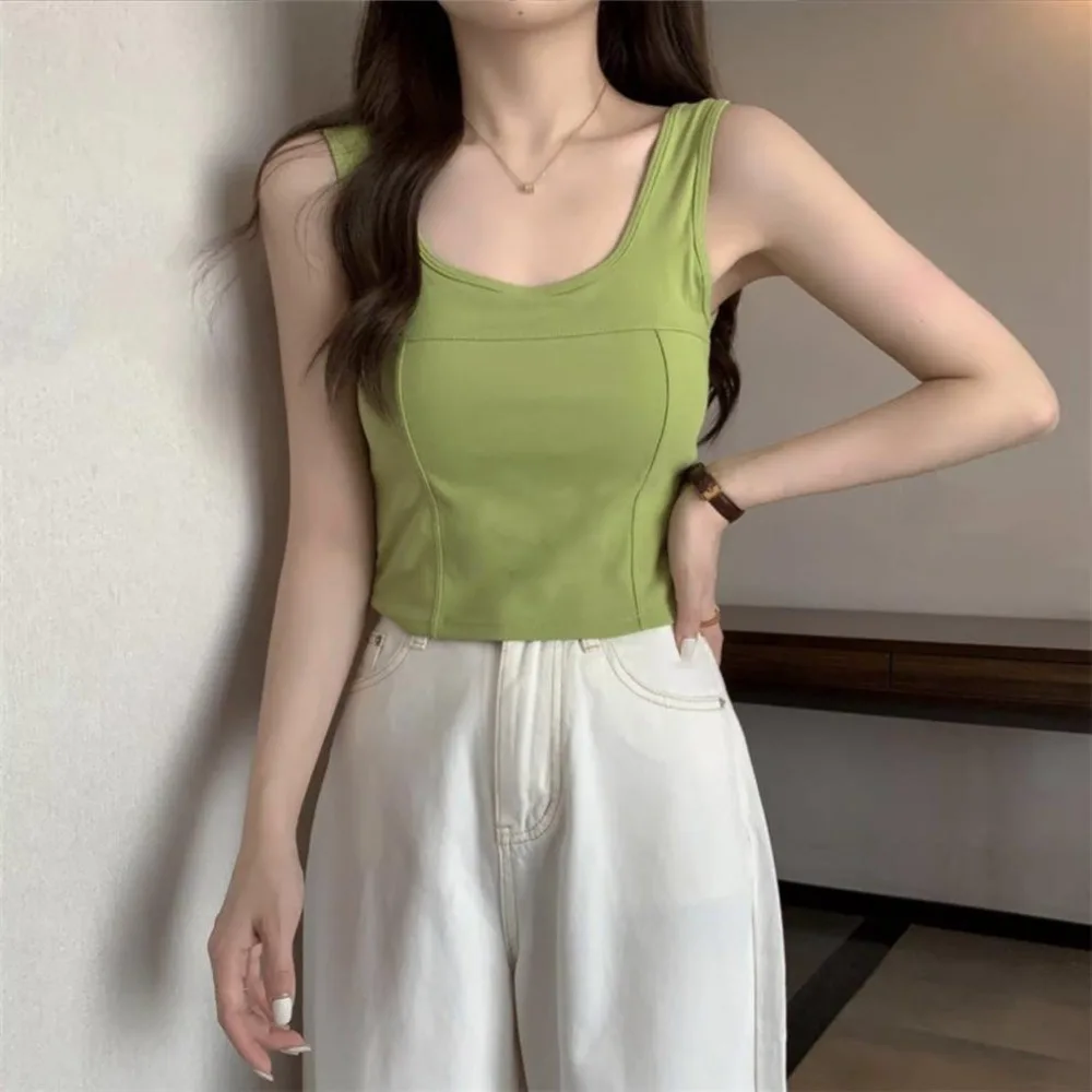 

Sweet Basic Skinny Vest Women Solid Color Sleeveless Slim Crop Top Square Neck Spicy Girl Style Camisole with Pads Girls
