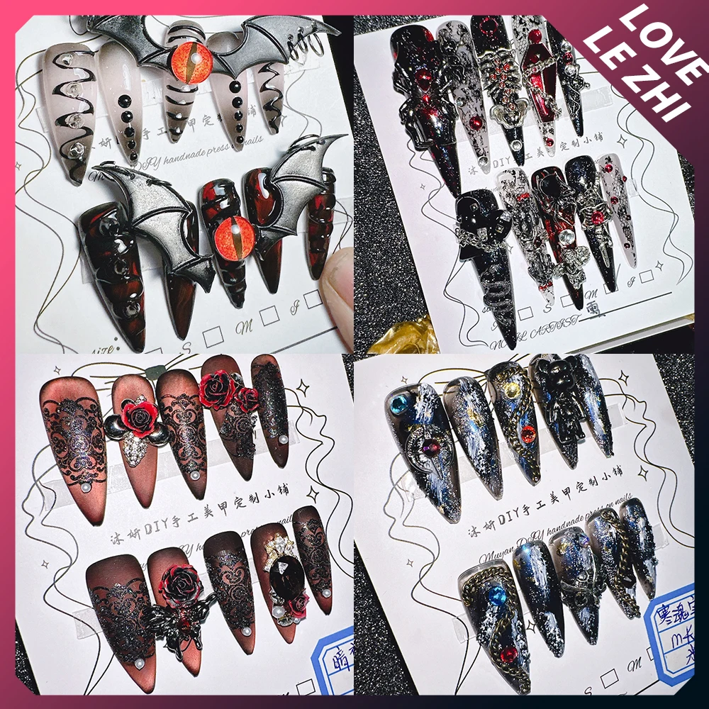 

10Pcs Y2K High Quality Luxury Diamond Handmade Press On Nails Spice Girl Long Coffin Stiletto Metal Butterfly Hand Fake Nails