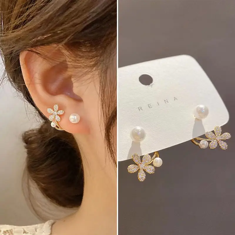 Korean Metal Heart-Shaped Stud Earrings Fishtail Pearl Back Hanging Earring For Women Girls 2024 Crystal Elegant Jewelry Gift