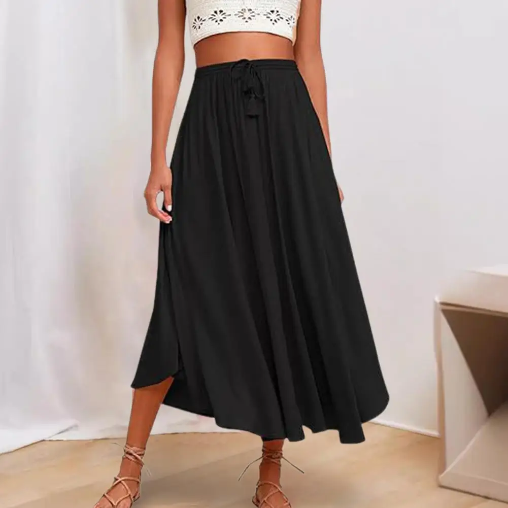 

Women Midi Skirt Elastic High Waist Adjustable Drawstring Flowy Hem Skirt Solid Color Casual Skirt Streetwear