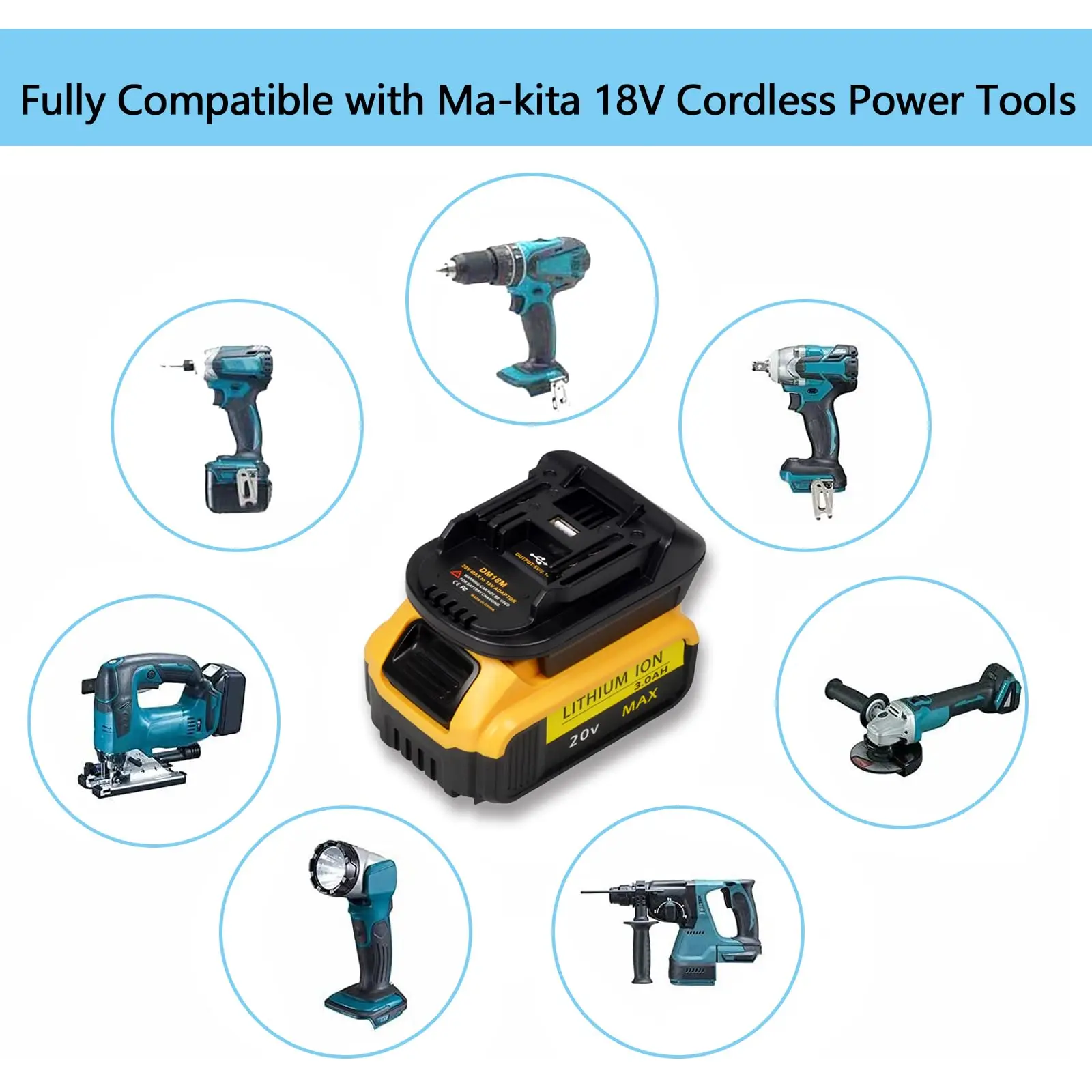 Adapter for DeWalt and Milwaukee 18V Li-ion Batteries to Makita Cordless Power Tools, with USB Charging Port DM18M