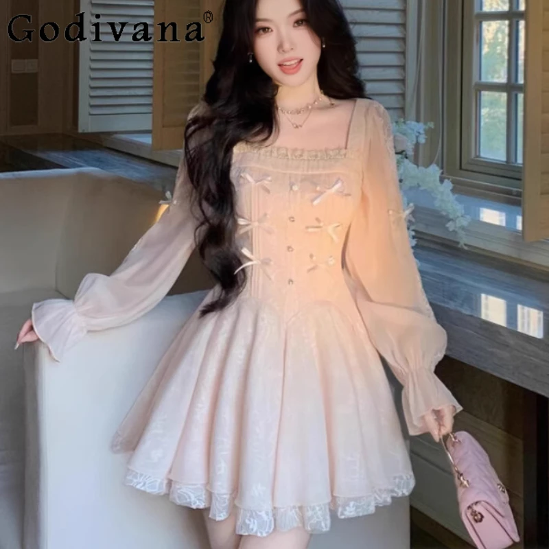 

Spring New Large Size Women French Square Neck Bow Gauze Dress Temperament High Waist A-line Age-reducing Sweet Short Dresses