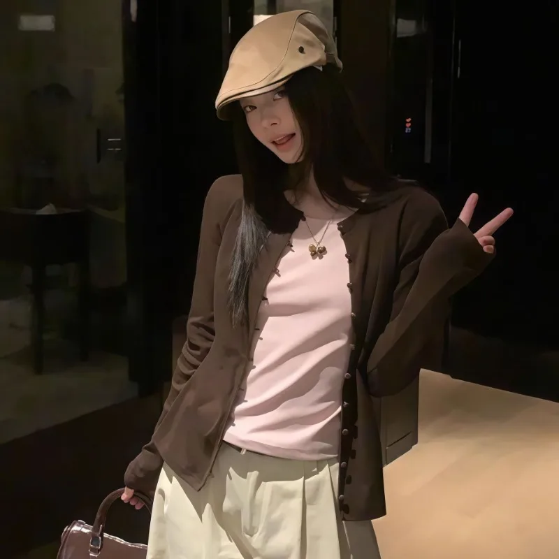 Women Korean Color Block Fake Two Piece Top Early Autumn Slim Long Sleeve Crew Neck Casual Inner T Shirt