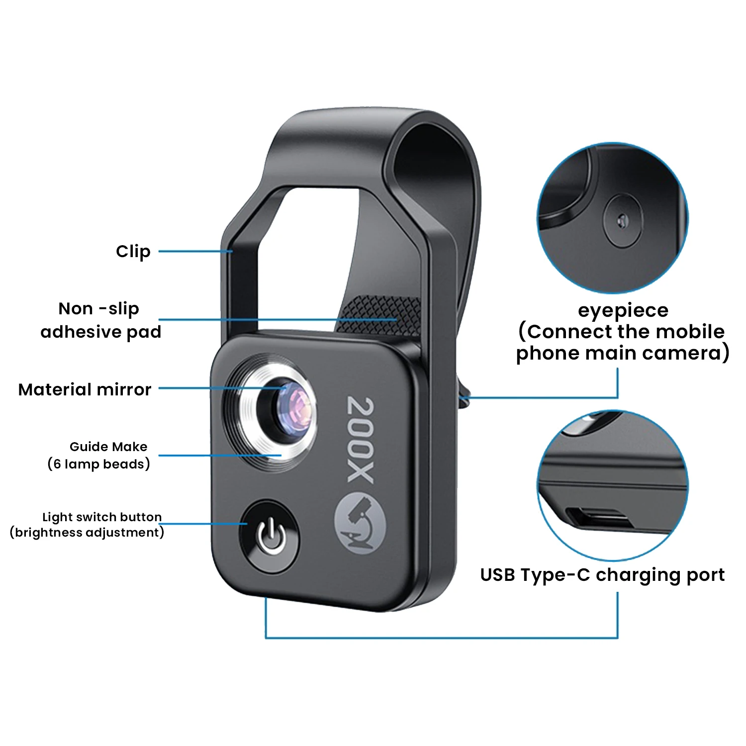 Nano Zoom 200x powiększenie Clip-On obiektyw, obiektyw z zoomem do iPhone\'a, przenośny mikroskop kieszonkowy CPL obiektyw mikroskopu cyfrowego