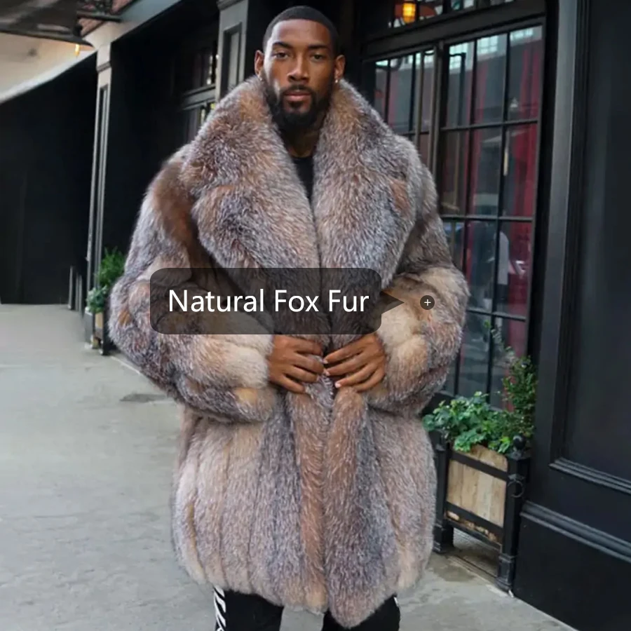 Real Fox Fur Coat Mens Natural Fur Coat Long Winter Warm Jackets Suit Collar Crystal Fox High Quality