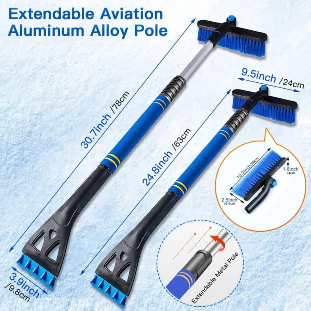 

3 in 1 Extendable Car Snow Removal Tool 360 Degree Pivoting Brush Head Detachable Ice Scraper Foam Grip For Auto Drivers
