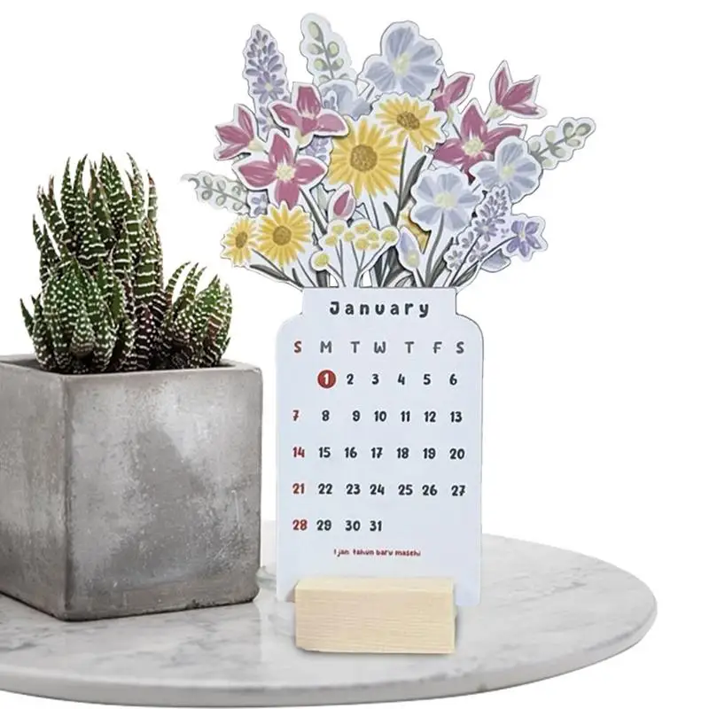 Calendário de mesa floral com flores floridas, decor de madeira, série bonita, criativo, 2024