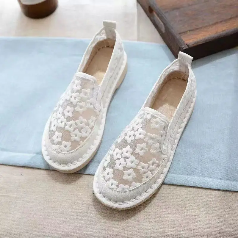 Zapatos Casuales de Verano para Mujer 2026, Nuevas Alpargatas de Encaje Tejido, Planas, con Suela Suave, Transpirables, de Lona, Sin Cordones