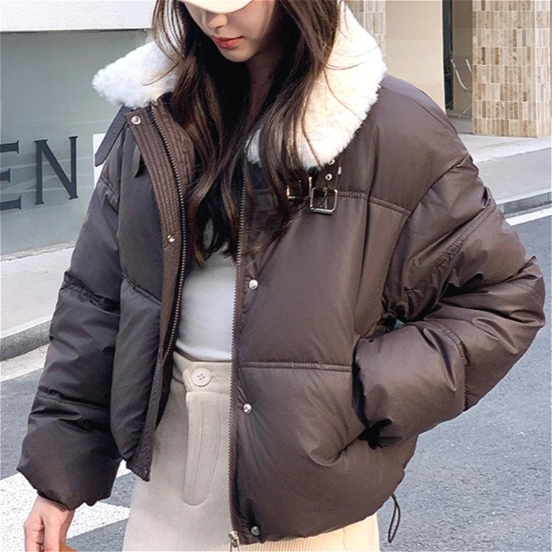 Women Patchwork Parkas Coats Short Overcoats Turn Down Fur Collar Zipper Long Sleeves Loose Fit Thick Casual 2026 Autumn Winter